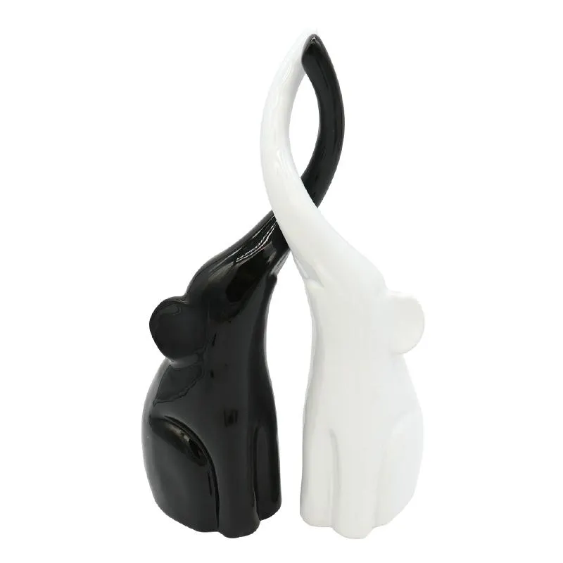 Adorno de Cerámica Elefantes Set 35cm Blanco Negro