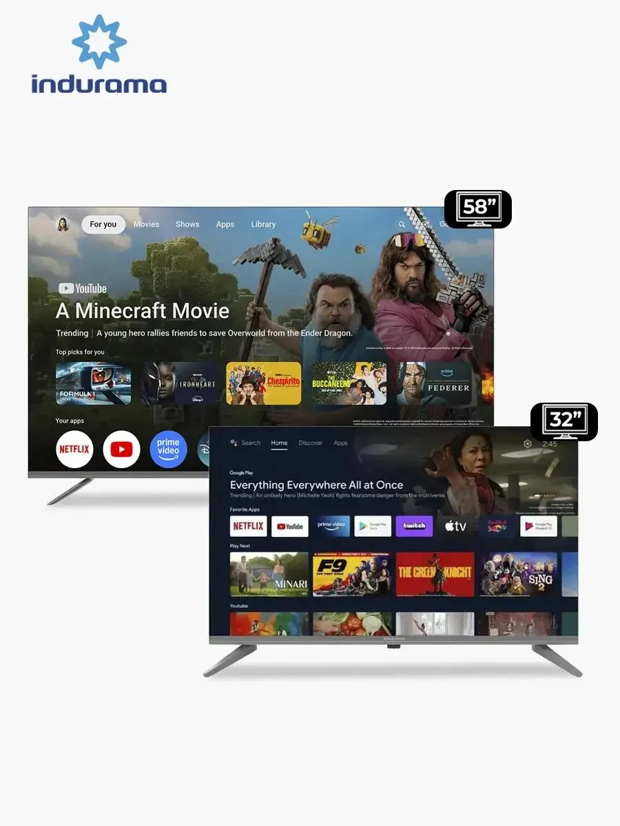 Combo Smart Tv Indurama 58″ UHD 4K Google TV + Smart Tv 32″ HD Google TV
