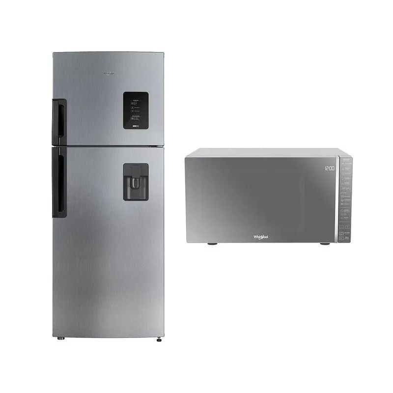 Combo Avería 1 Refrigeradora Top Mount 440 Lts y Microondas de mesa Grill 30 Lts con acabado en espejo