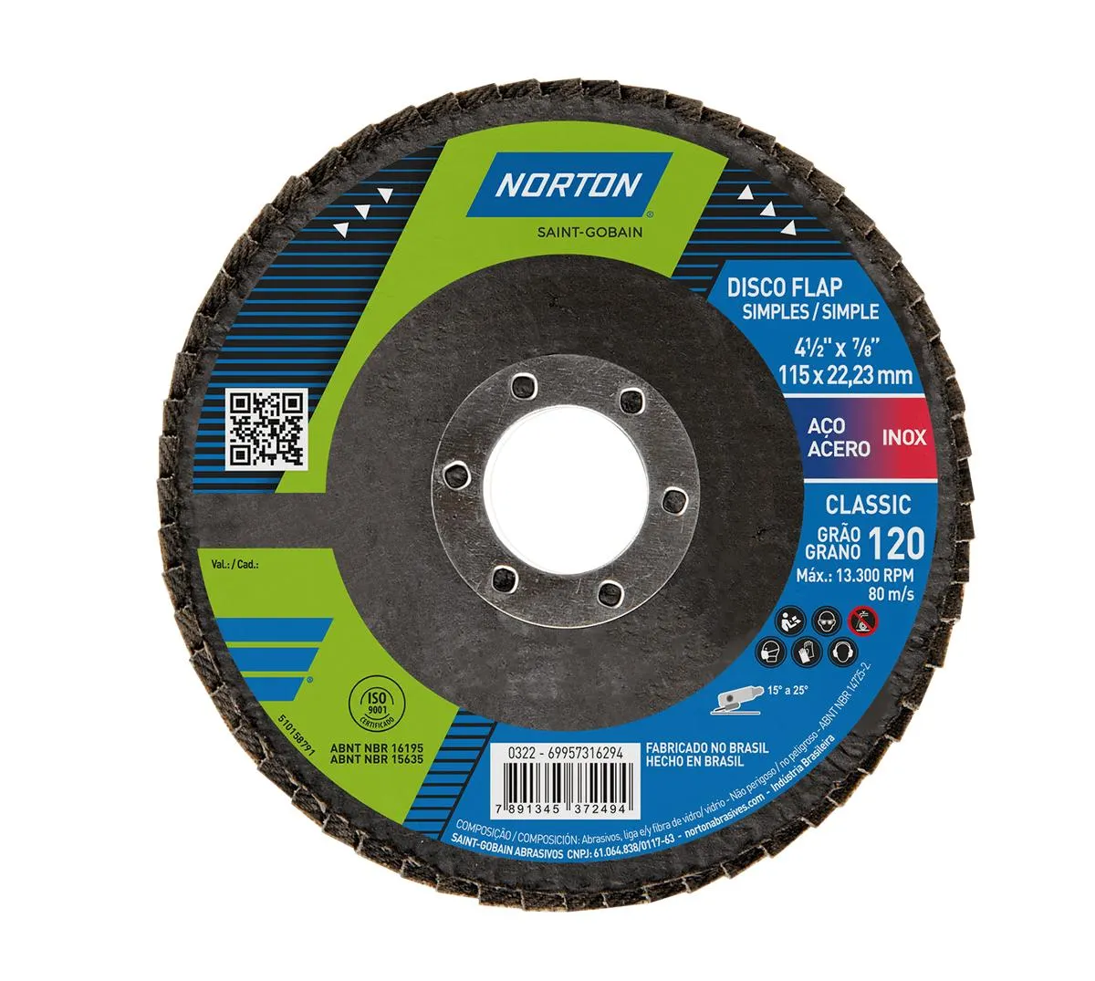 Disco zirconio classic FLAP R801 de 4-1/2" de diametro, 22 mm orificio central grano G120 - NORTON