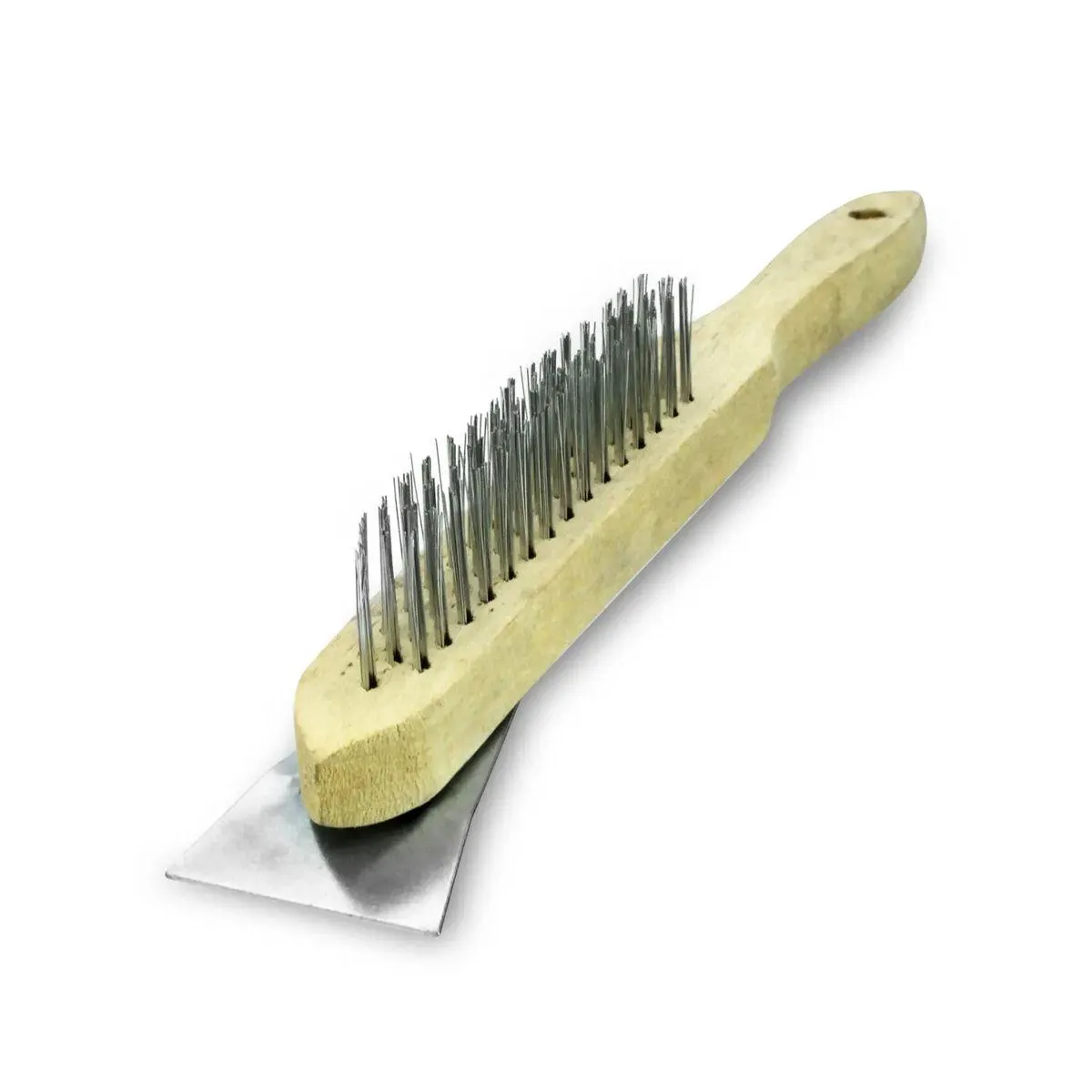 Cepillo de alambre de acero con mango de madera, cerdas de alambre de acero de 2 x 12 cm y raspador metálico en su punta - ORGILL