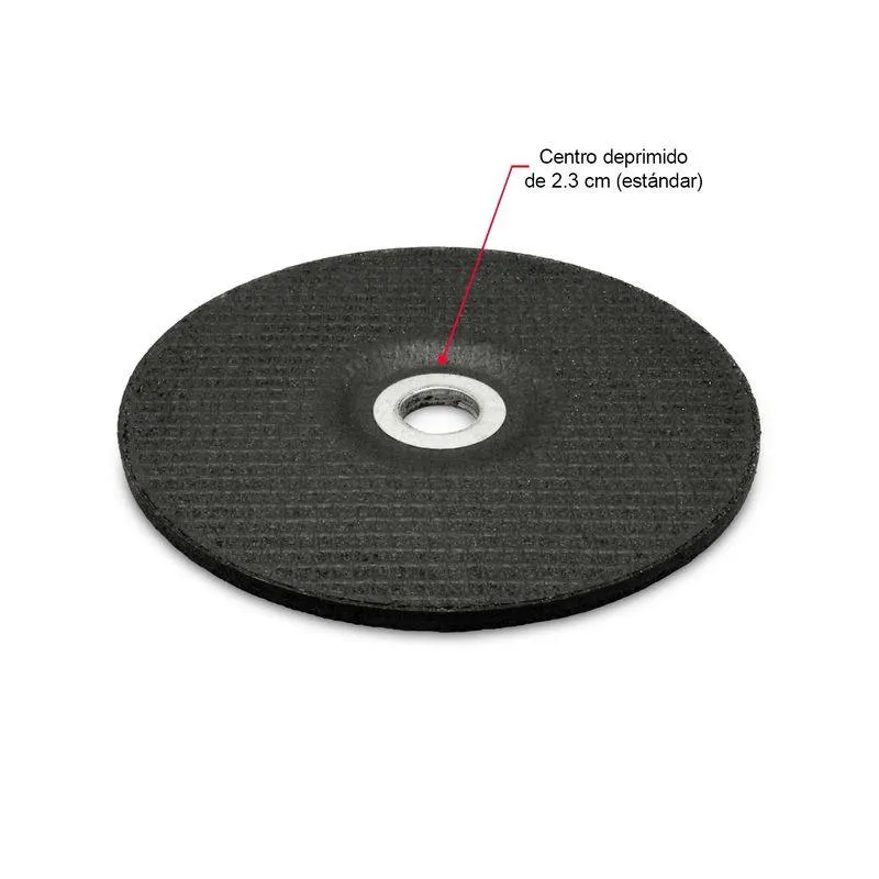 DIsco de desbaste de 7 pulgadas o 18 cm x 0.6 cm de grosor y eje deprimido de 2.3 cm. Soporta 8.500 RPM.