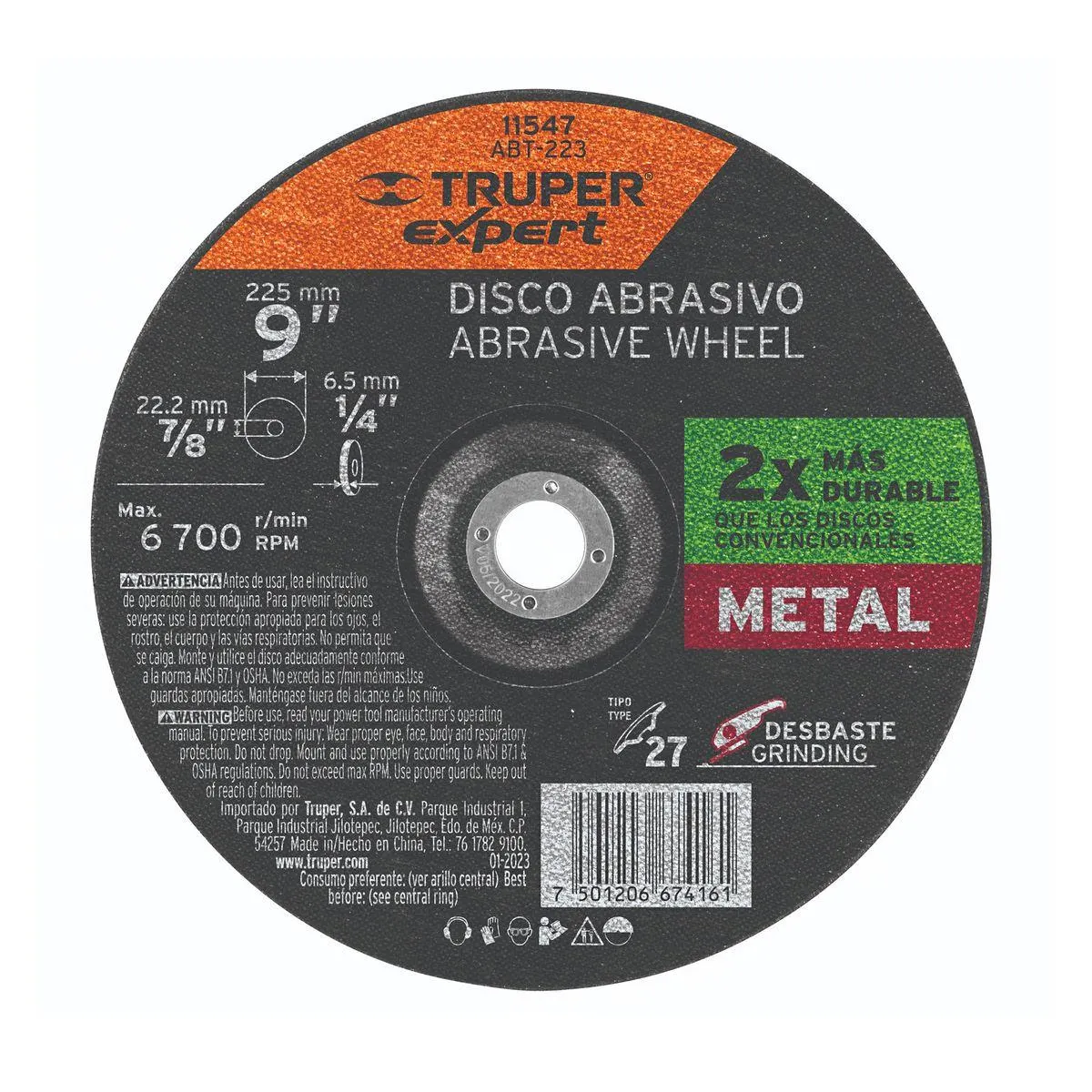 Disco de desbaste TIPO 27 de 9" x 1/4" con eje 7/8" de óxido de aluminio para metal. - TRUPER EXPERT