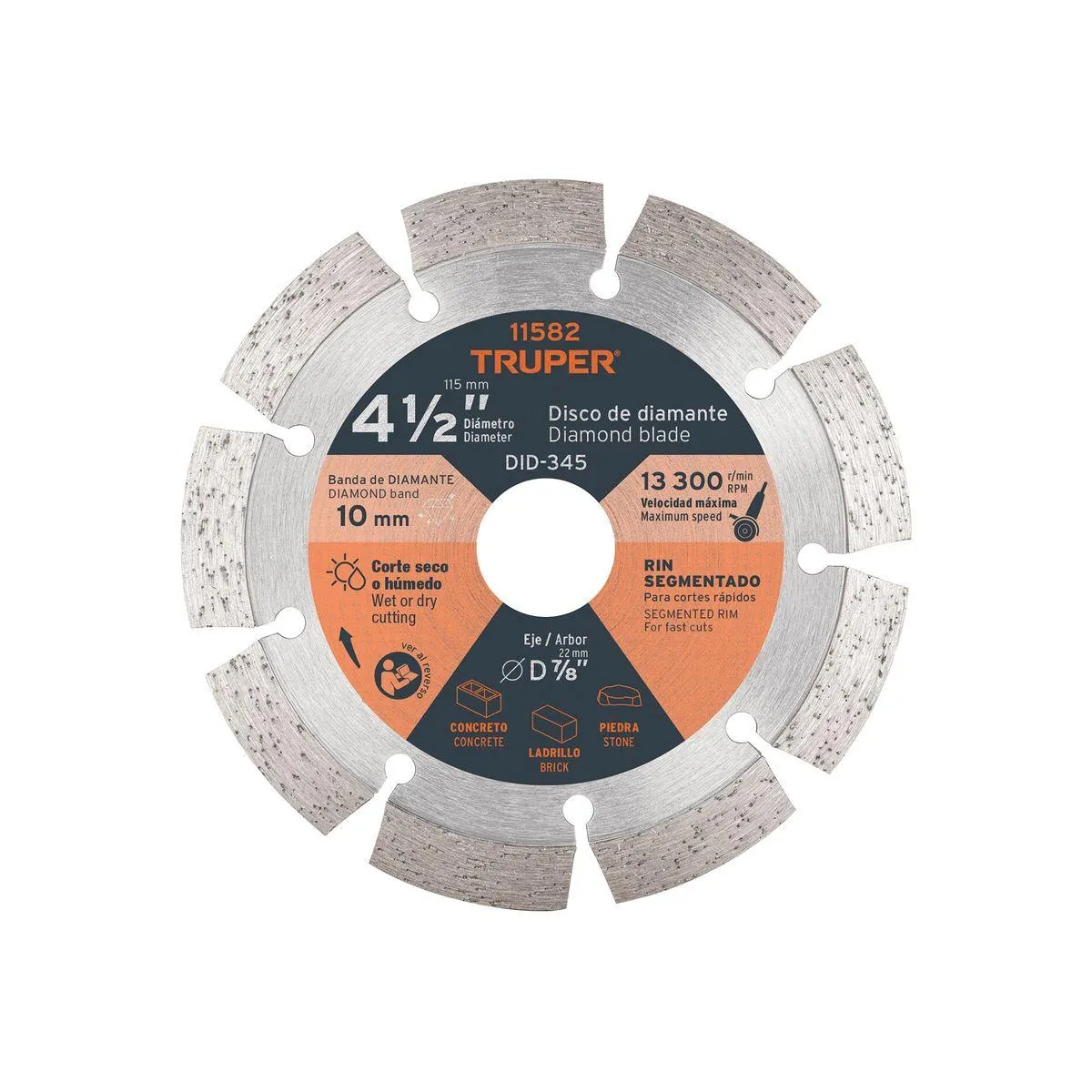 Disco de diamante segmentado de 4-1/2" con diametro interno de Ø 7/8" para corte seco o húmedo. - TRUPER