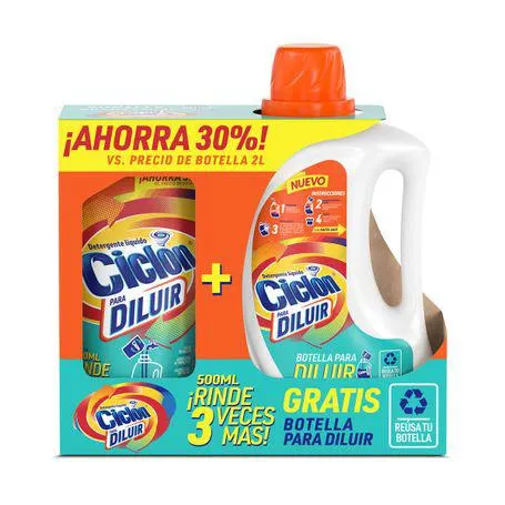 Detergente Líquido Ciclón Diluir 500ml más Botella de 2L