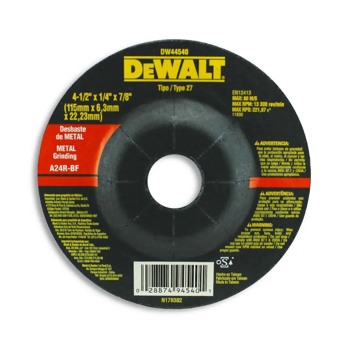 Disco Desbaste Metal 4 1/2X1/4X7/8 Cd Dewalt - DEWALT