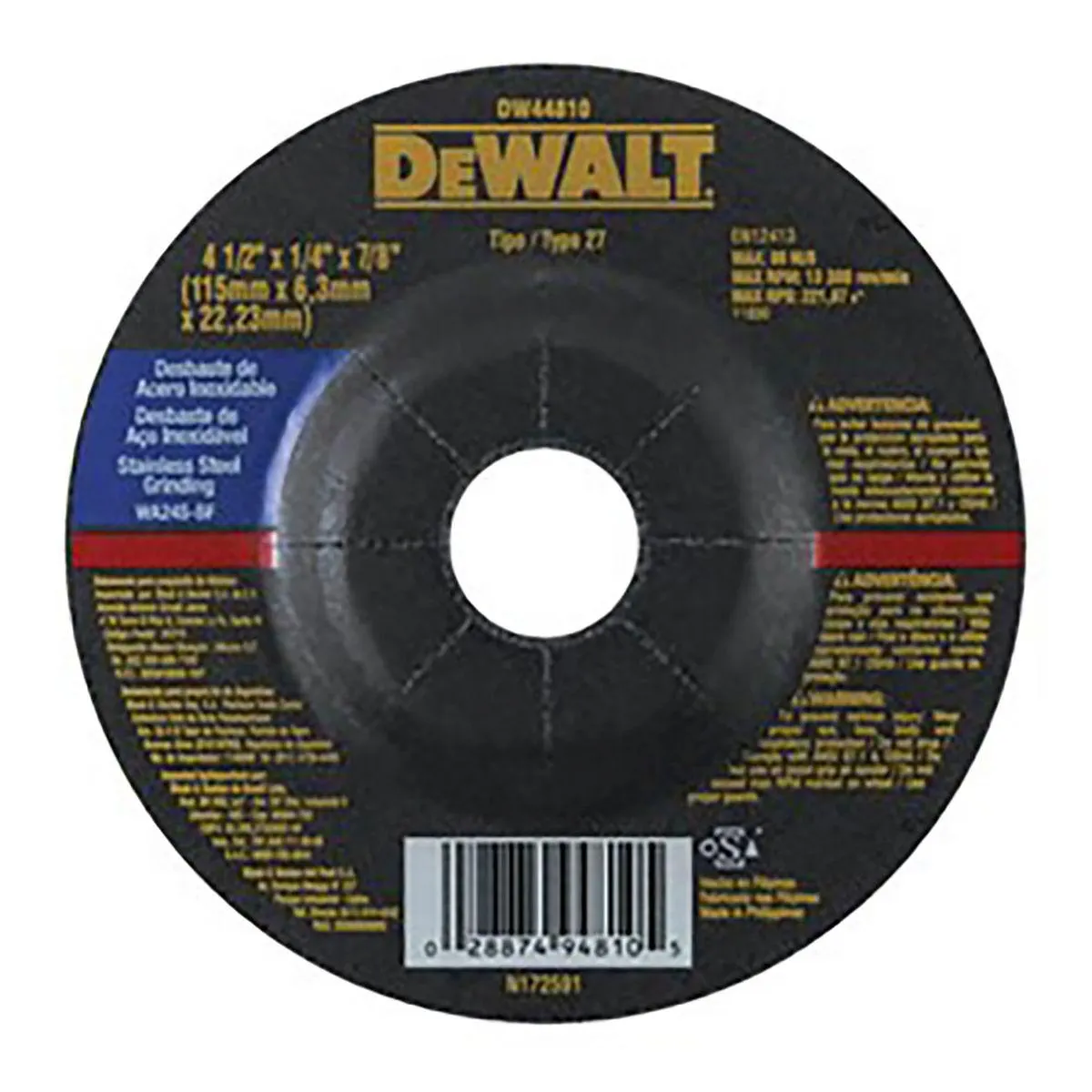 Disco de desbaste para acero inoxidable 4 1/2" x 1/4" x 7/8" - DEWALT