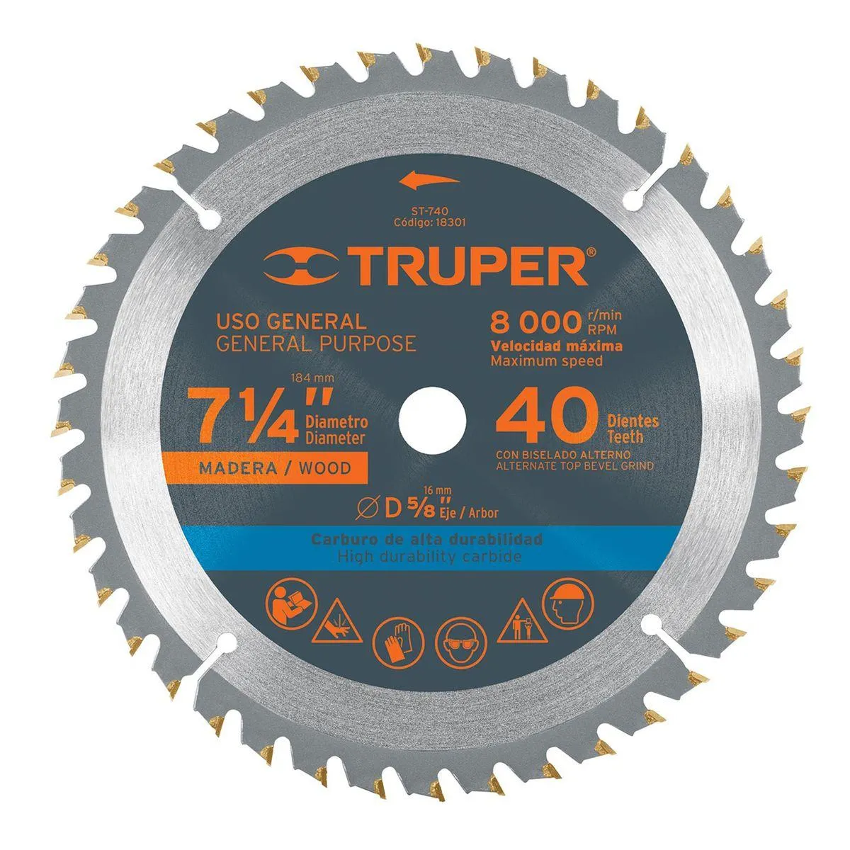 Disco de corte de madera segmentado de 7-1/4" x Ø 5/8" con 40 dientes de carburo de tungsteno. - TRUPER