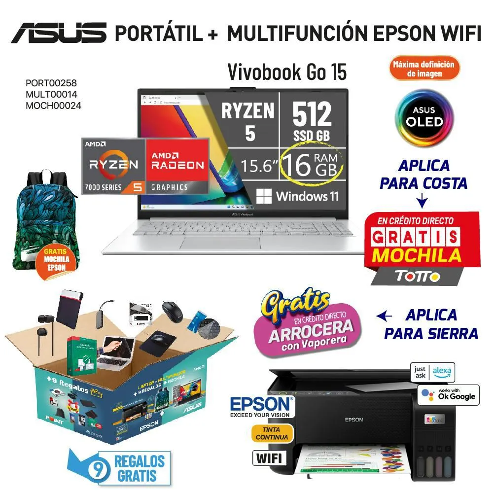 MEGA COMBO 3 PORTATIL ASUS + MULTIFUNCION EPSON WIFI