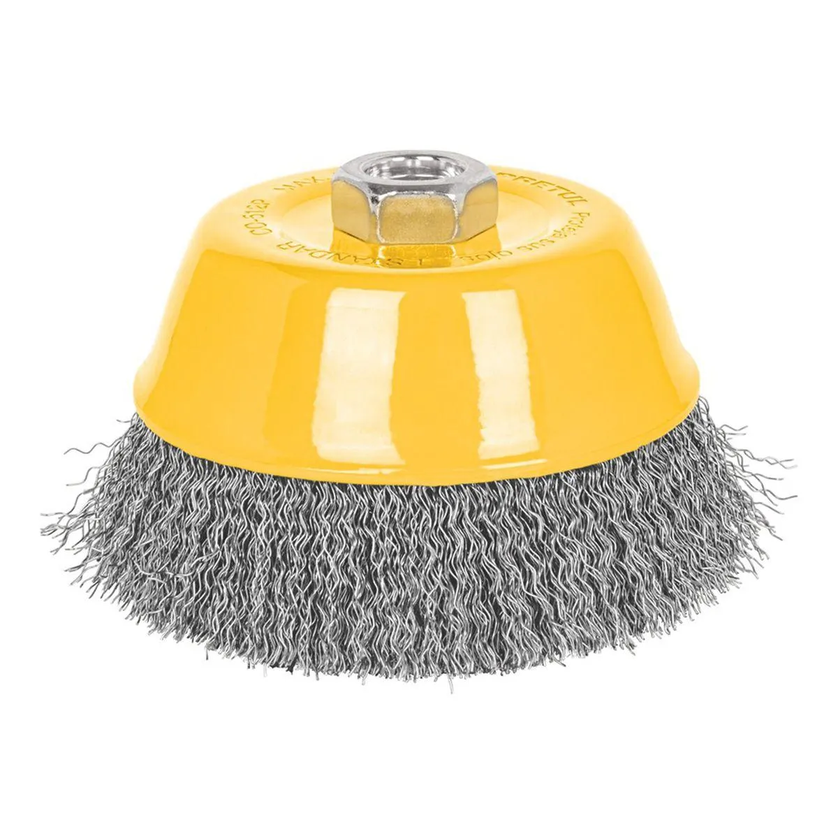 Cepillo de copa de 5" alambre fino ondulado con eje de 5/8"-11. - PRETUL