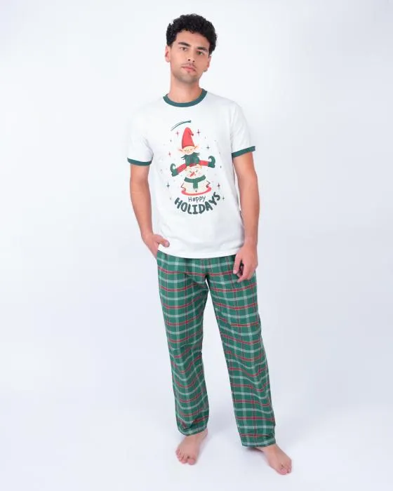Pijama Navideña de Hombre con Camiseta Estampada y Pantalón Verde a Cuadros