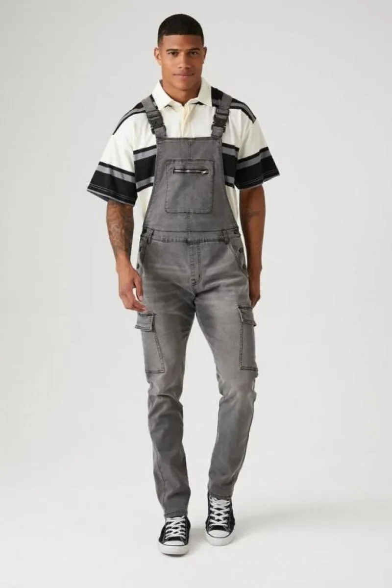 Jeans Forever 21 Stone Wash Denim Cargo Overalls Hombre Negras | CJ6fidaFCGf