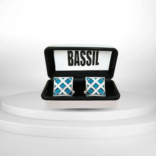 CUFFLINK CUADRO CON DISEÑO EN PLATA CON ROMBOS EN AZUL