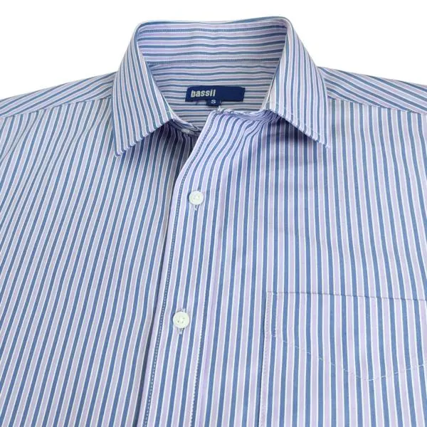 CAMISA MANGA LARGA MORADA CON RAYAS AZULES Y BLANCAS