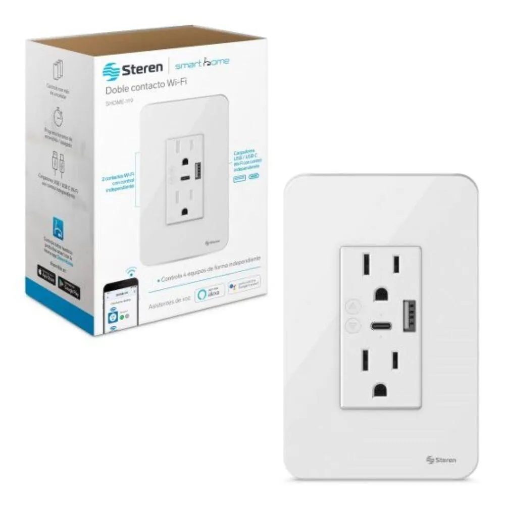 Tomacorriente Wifi Doble Steren SHOME-119 P86396 | Compatible con Android y iPhone Color Blanco