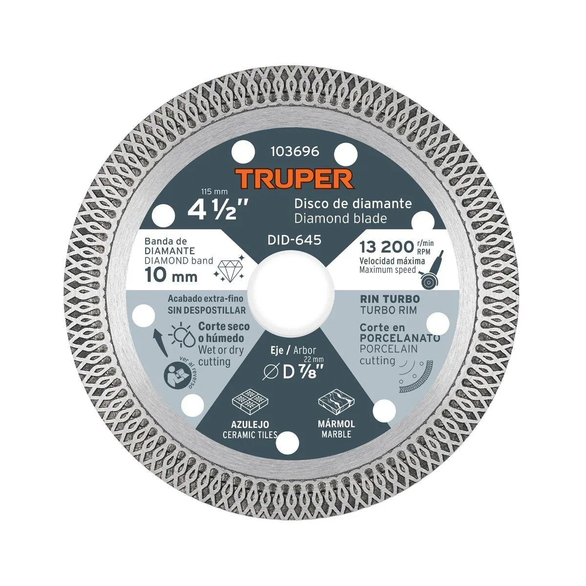 Disco de diamante de 4-1/2" x 1 mm con Ø 7/8" para corte extrafino en porcelanato, azulejo y mármol. - TRUPER