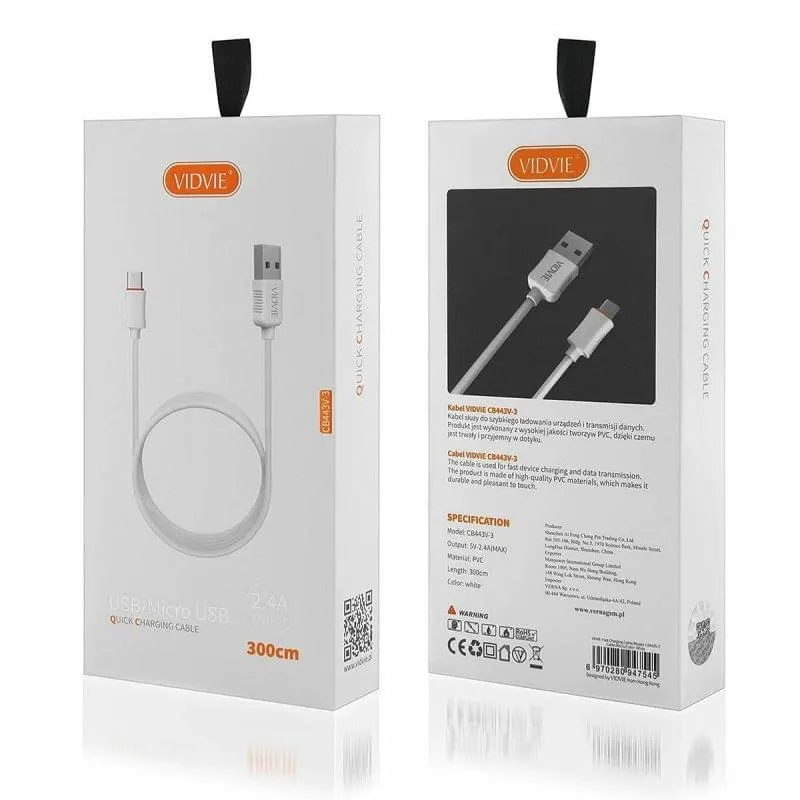 Cable Micro Usb 3mt 2.4a Cb443/(3m)V8 Blanco