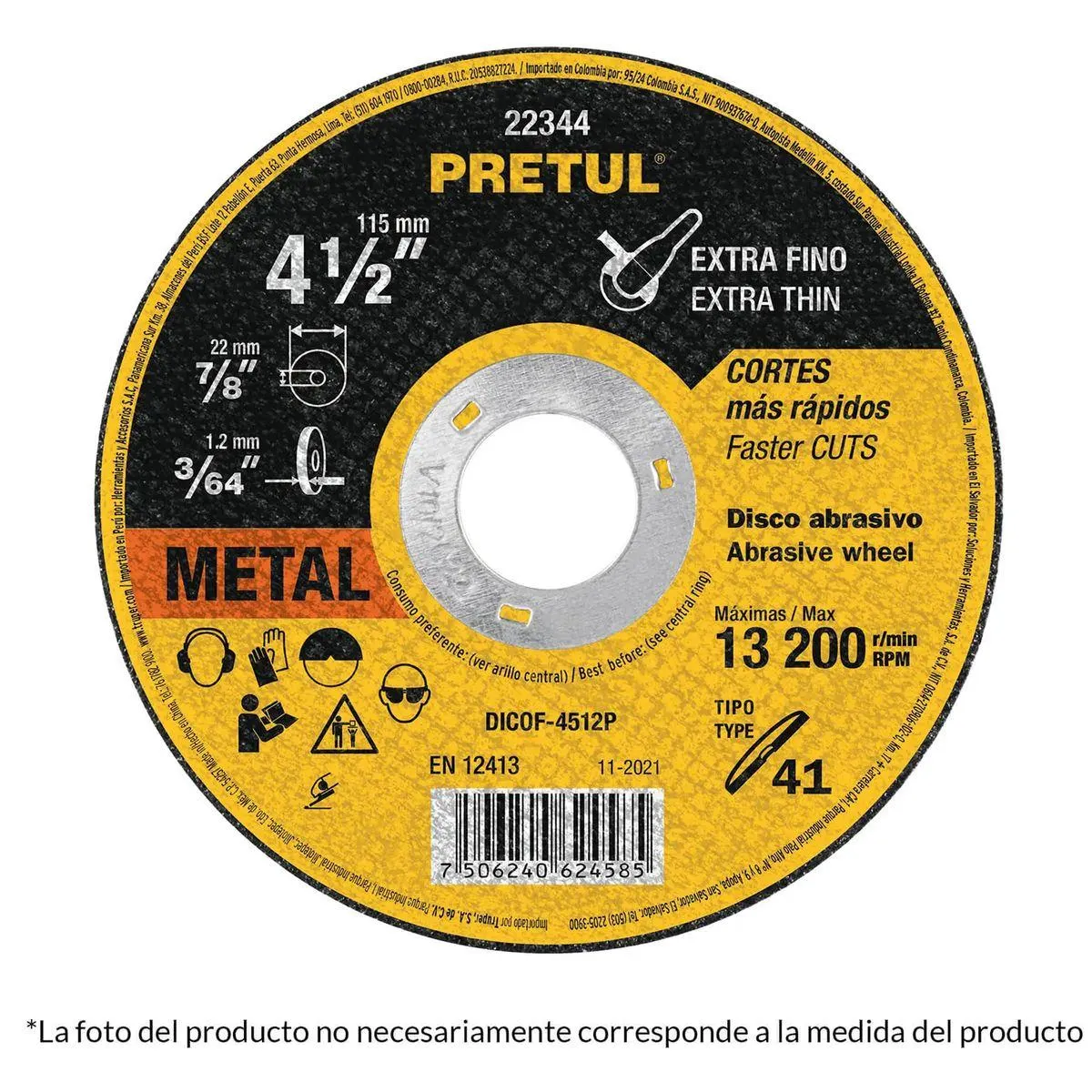 Disco Tipo 41 de 4-1/2" x 1 mm corte fino de metal - PRETUL
