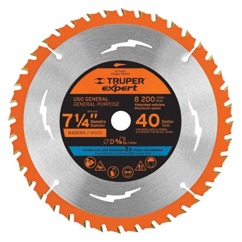 Disco de corte de sierra de 7-1/4" para madera, con centro de 5/8" con 40 dientes.