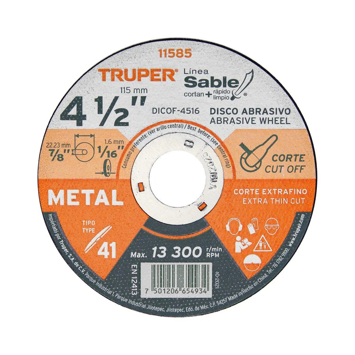 Disco Tipo 41 de 4-1/2" x 1.6 mm corte fino de metal, Sable - TRUPER