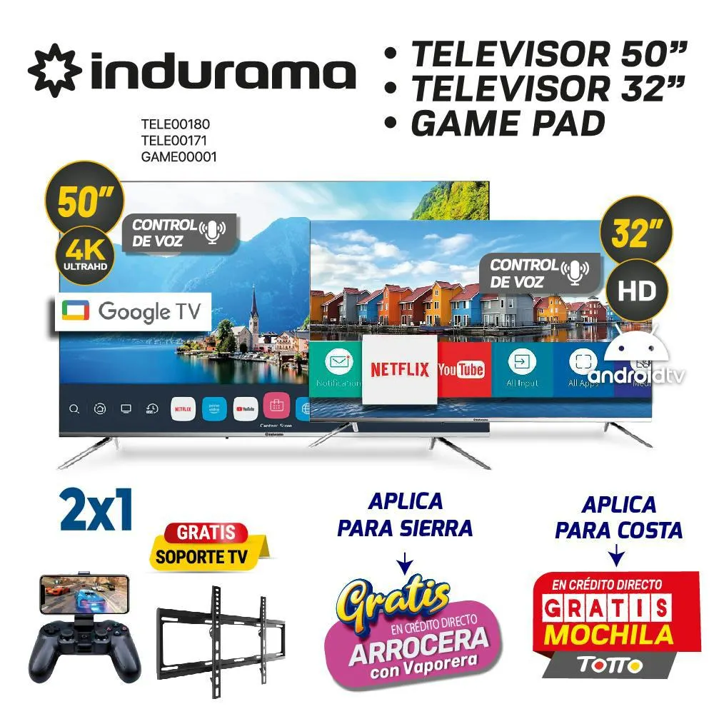 MEGA COMBO 4 TELEVISOR INDURAMA 50" + 32" + GAME PAD