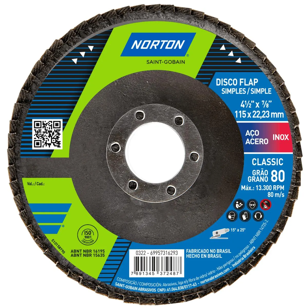 Disco zirconio classic FLAP R801 de 4-1/2" de diametro, 22 mm orificio central grano G80 - NORTON