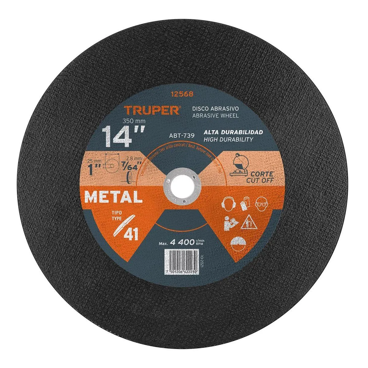 Disco de corte para metal Tipo 41 de 14", espesor de 7/64", eje 1" de óxido de aluminio; 4400 RPM. - TRUPER
