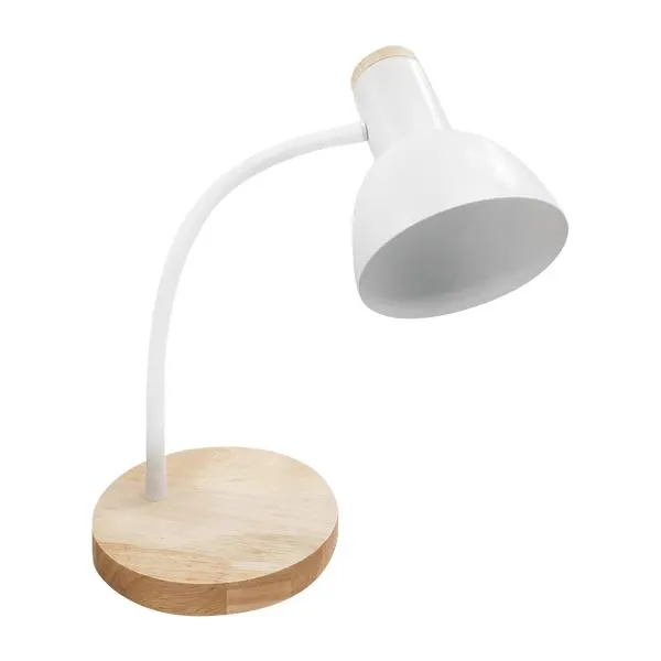 Lámpara de Escritorio Blanca con Base de Madera