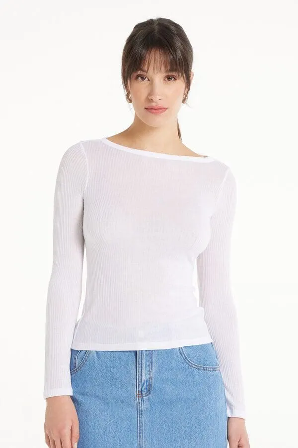 Camiseta de Manga Larga con Escote Barco de Viscosa Ultraligera de Canalé