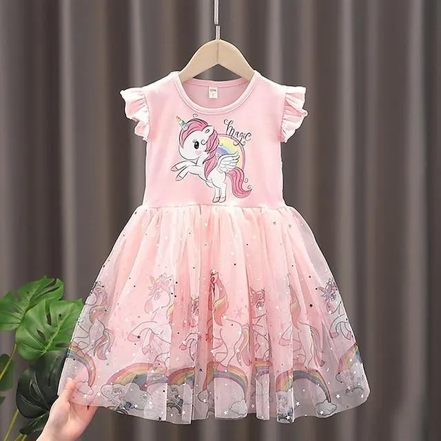 Niños Poco Chica Vestido Unicornio Vestido de una línea Diario Festivos Malla Estampado Azul Piscina Rosa Hasta la Rodilla Manga Corta Princesa Dulce Vestidos Primavera Verano Ajuste regular 2-8 años