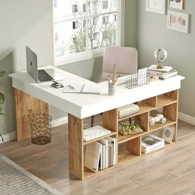 Escritorio Altin, Escritorio multiusos, Mesa de oficina para PC, El plan de trabajo, 129x120h72 cm, Roble y Blanco