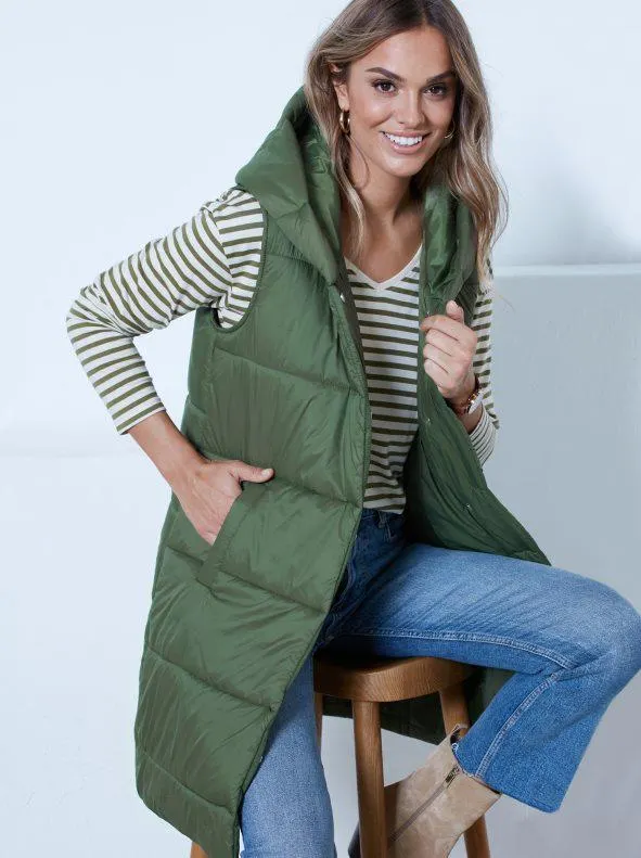 Chaleco largo acolchado con capucha