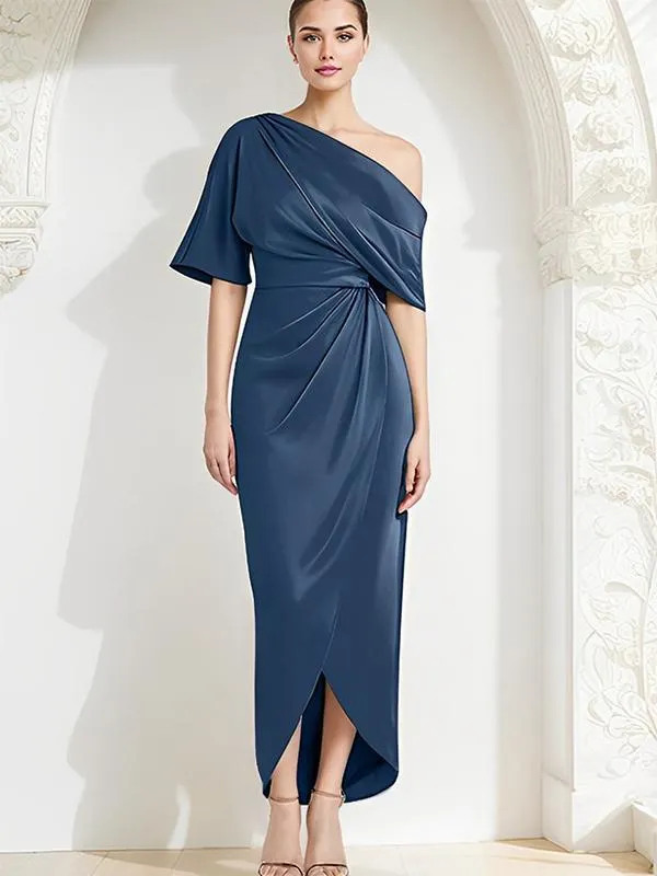 Vestido de madre con un solo hombro y media manga vestidos de invitados plisados para boda