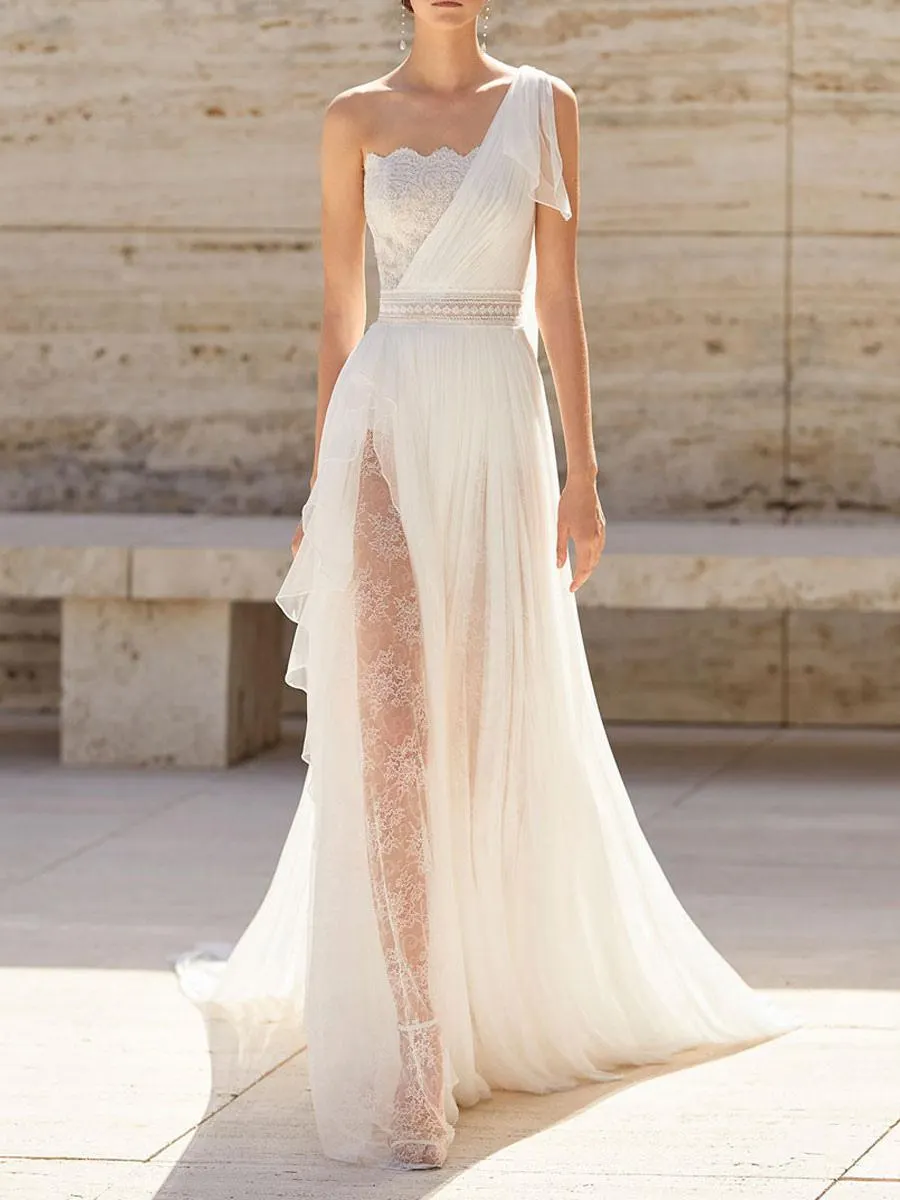 Vestido de novia marfil con tren Sin mangas Sin espalda Un hombro Gasa Vestidos de novia de encaje