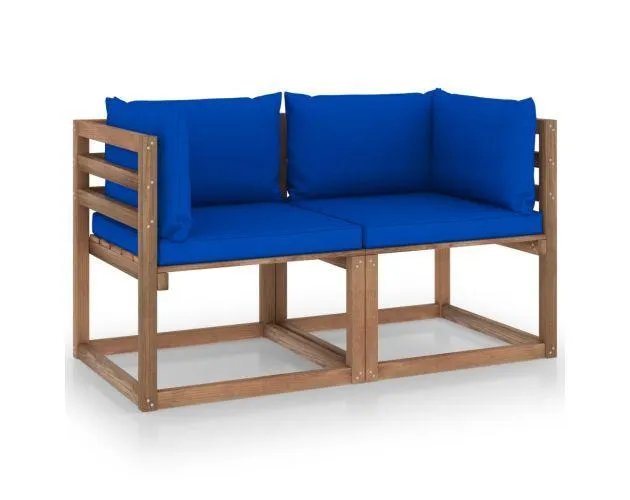 vidaXL sofá de jardín de palets de 2 plazas con cojines azules