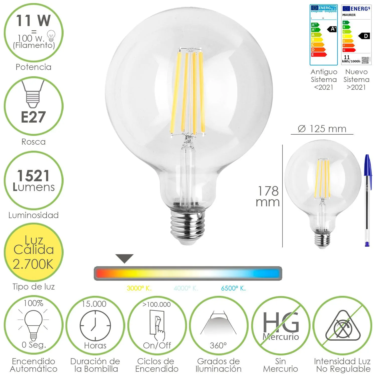 Bombilla Led Filamento Globo E27. 11 Watt. Equivale A 100 Watt. 1521 Lumenes. Luz Calida 2700º K.