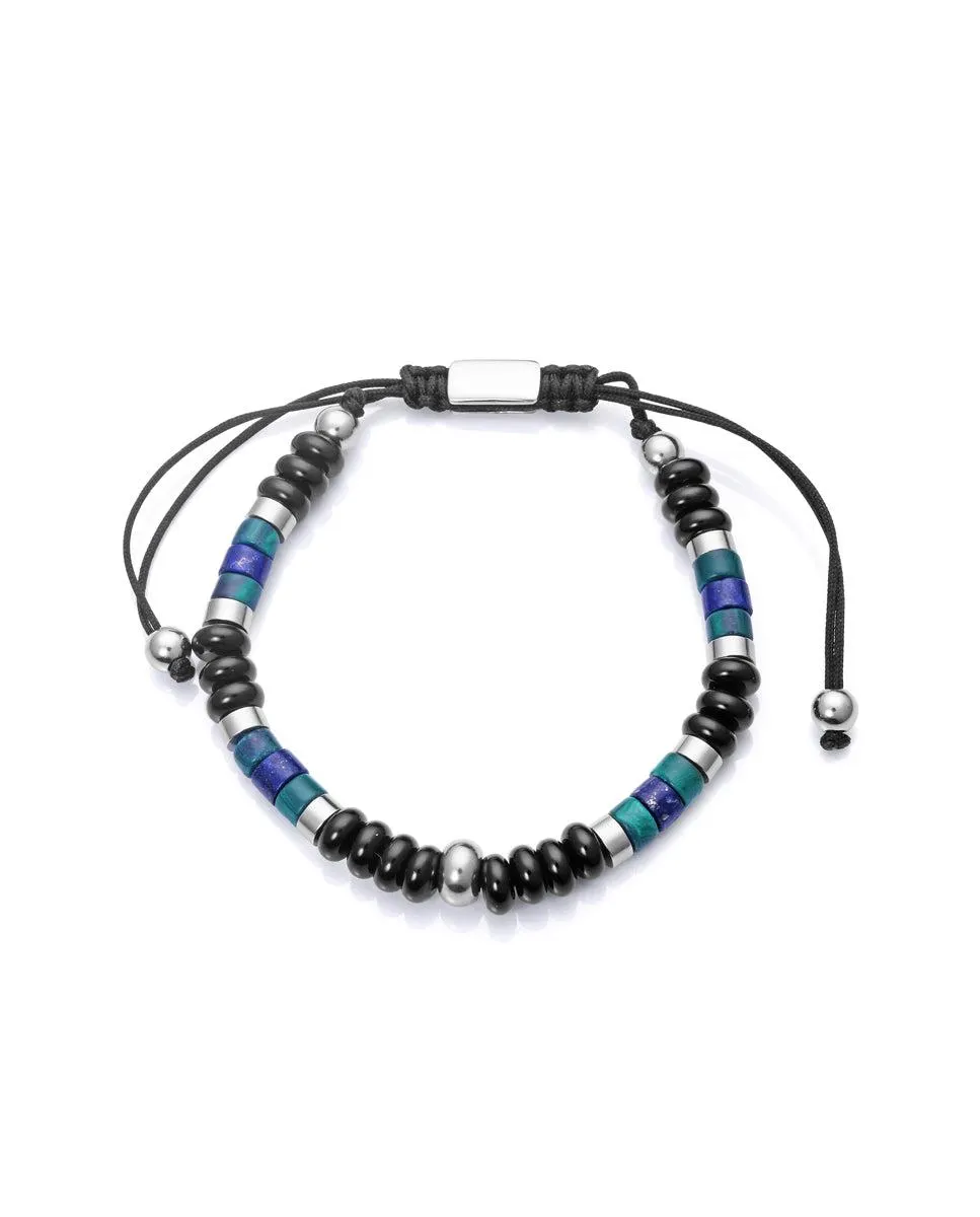 Pulsera Magnum de acero con piedras naturales malaquita ,agata negro y lapis con cordón negro