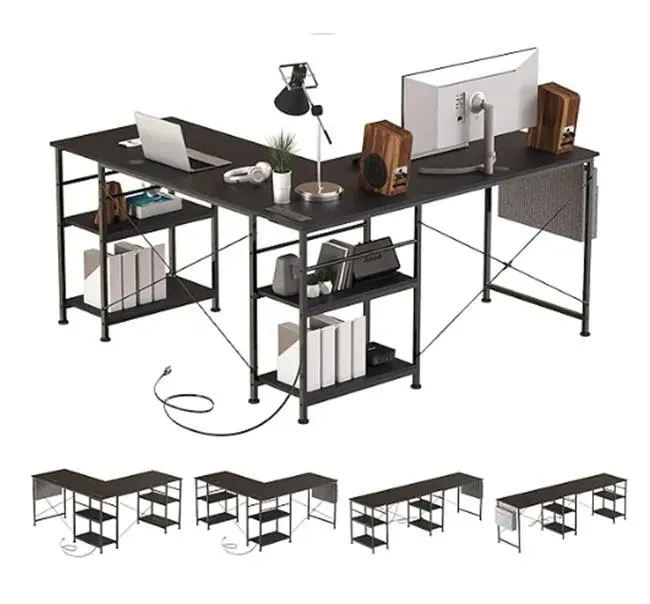 Tbfit Escritorio en forma de L con estantes de almacenamiento, esquina reversible, escritorio para espacios pequeños, gran escritorio de computadora p