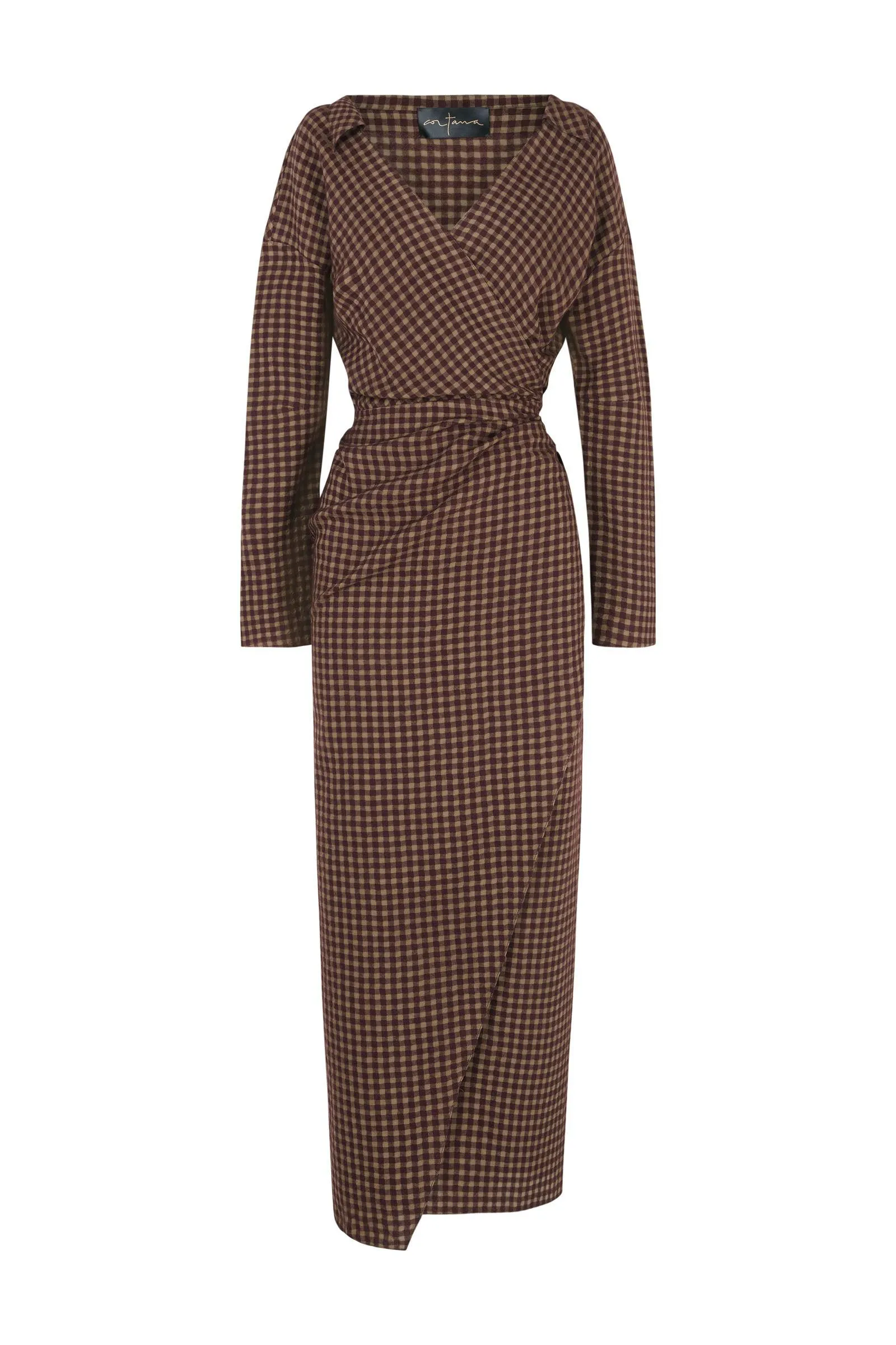 Norima, burgundy checked wrap dress