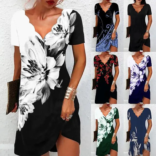 Mujer Vestido informal Vestido de cambio Vestido de flores Mini vestido En blanco y negro Negro Blanco Manga Corta Floral Estampado Verano Primavera cuello festoneado Moda Vacaciones 2023 S M L XL