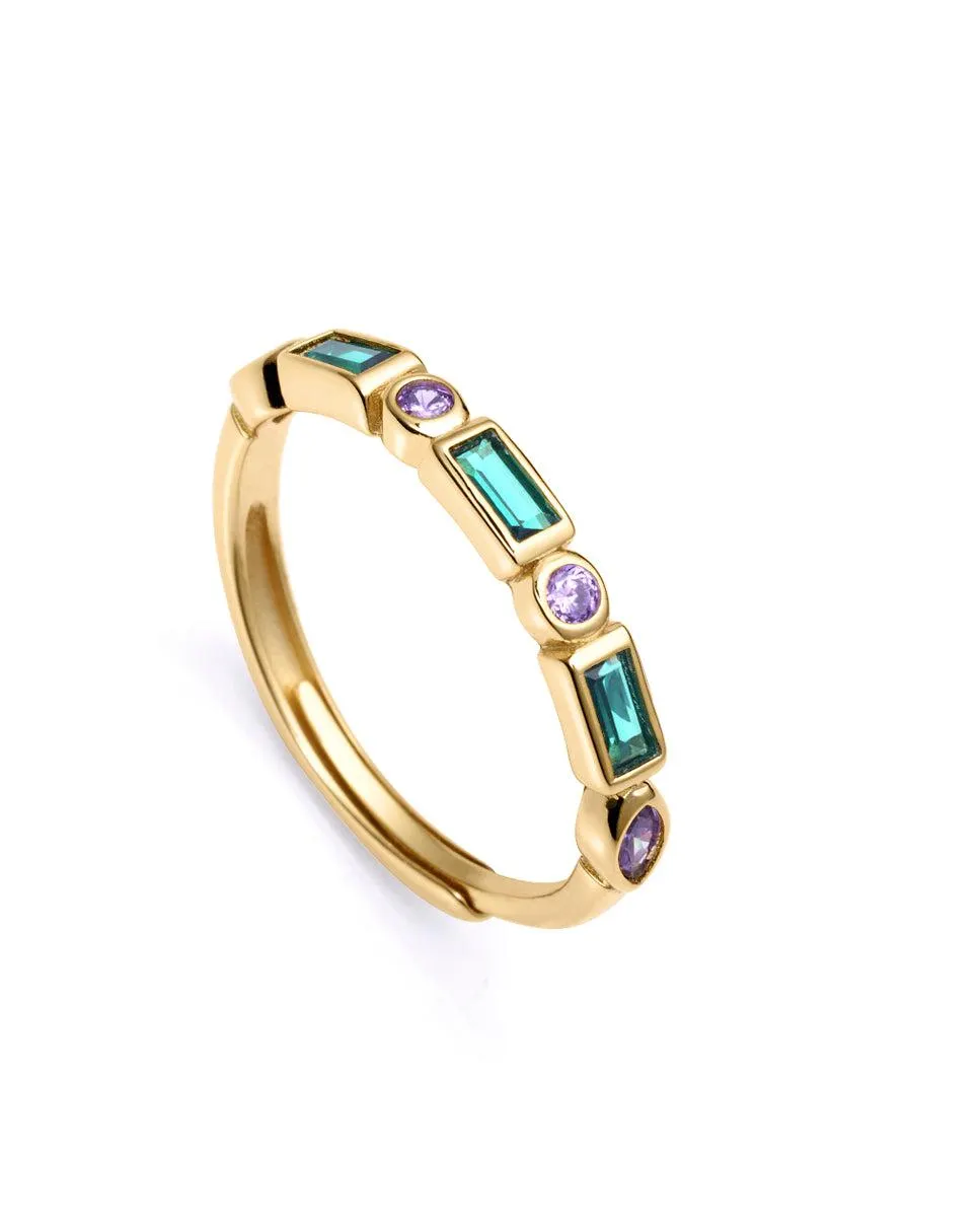 Anillo Elegant de plata de ley con baño de oro con circonitas verdes y violetas
