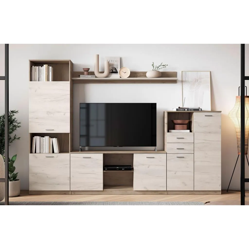 Composición - Nordik claro/oscuro, Vitrina 60x194x40 cm Mesa Tv 140x60x40 cm Bodeguero 80x122x40 cm Ancho x Alto x Fondo