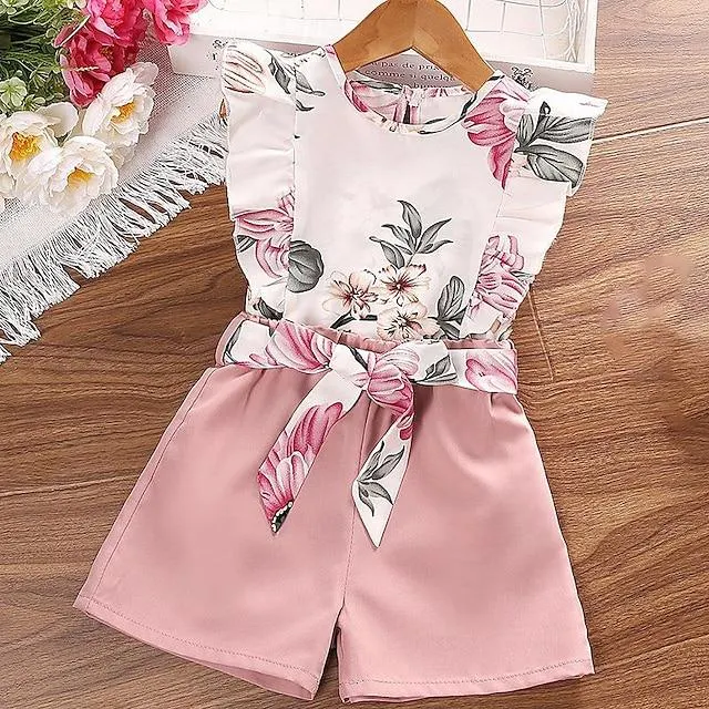 2 Piezas Niños Chica Floral Traje de pantalones cortos Conjunto Sin Mangas Activo Exterior Algodón 3-7 años Verano Multicolor Rosa Vino