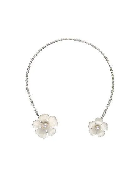 Choker novia Santorini Bianco de plata ajustable con flores nacaradas