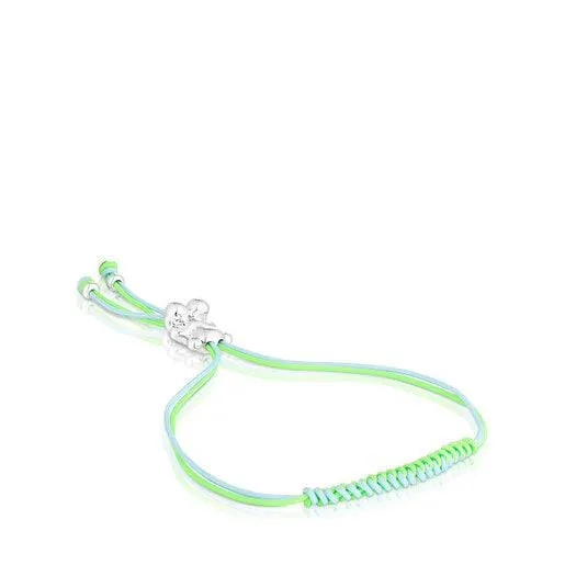 Pulsera de cordón verde y azul con oso de plata Bold Bear