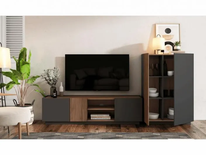 Mueble tv con 3 puertas y 2 huecos color pizarra-sabi