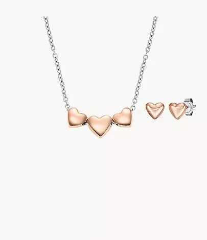 Conjunto para regalar de collar y pendientes de corazón de acero inoxidable en dos tonos