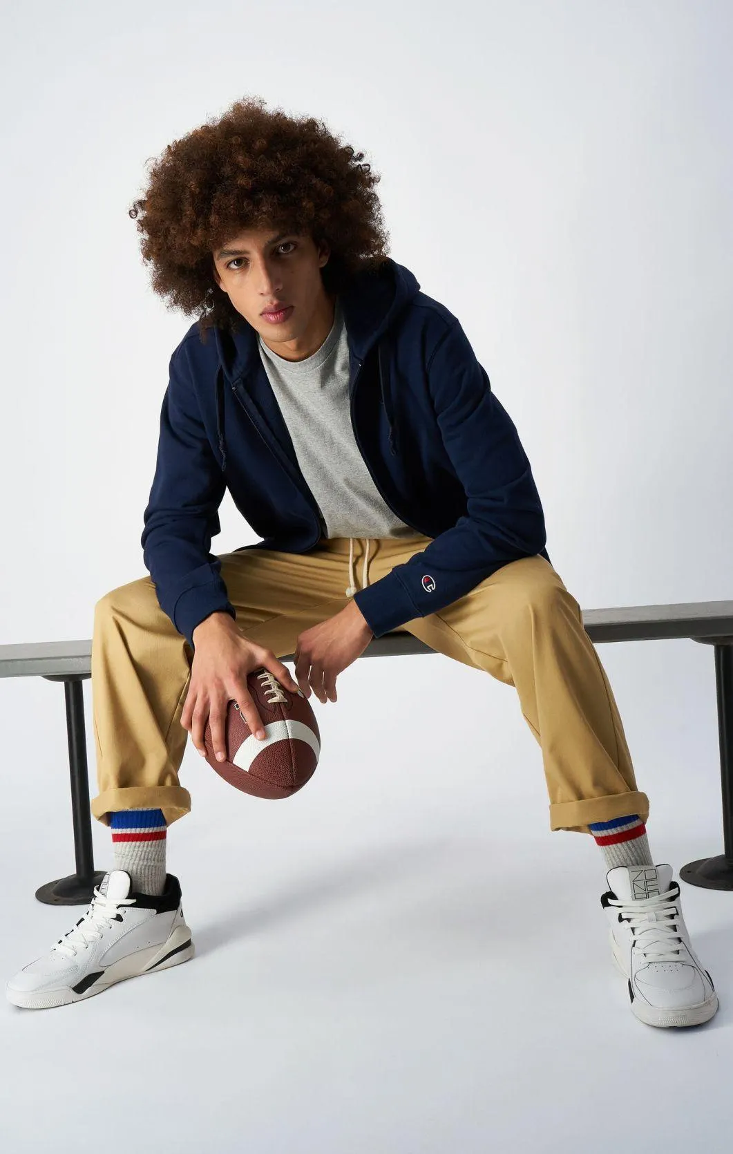 Dark Blue Sudadera de felpa perchada con capucha, logotipo en C y cremallera