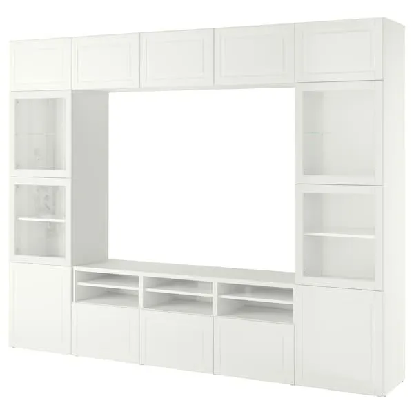 Mueble TV puertas vidrio, blanco Smeviken/Ostvik vidrio transparente blanco,