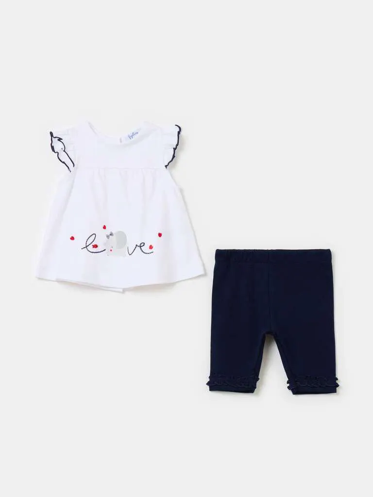 T-shirt and leggings set in organic cotton Bleu/blanc